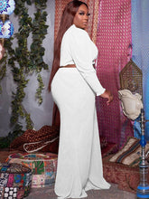 Plus Size Two Piece V Neck Crop Top Ruffle Wide Leg Pants